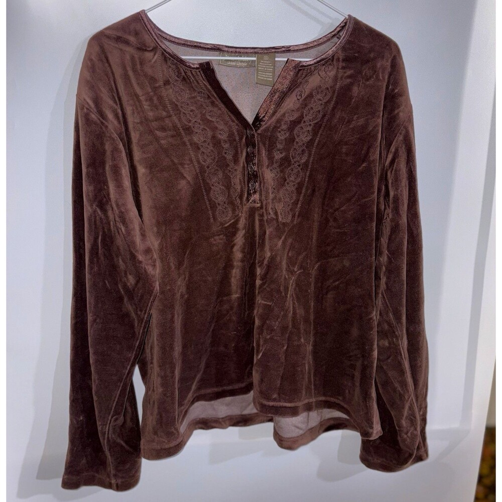 Jane Ashley Women’s Top XL Brown Solid Velour Lace V-Neck Long Sleeve Pullover